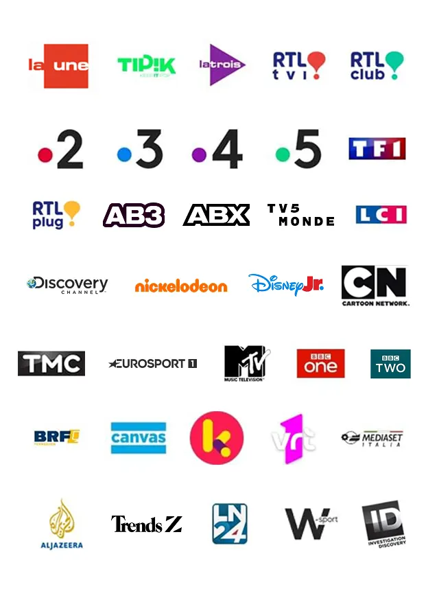 Chaînes incluses dans Scarlet TV digitale : chaînes belges, pour enfants, sport et chaînes internationales.