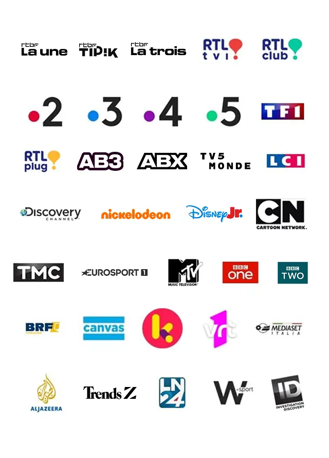 Chaînes incluses dans Scarlet TV digitale : chaînes belges, pour enfants, sport et chaînes internationales.