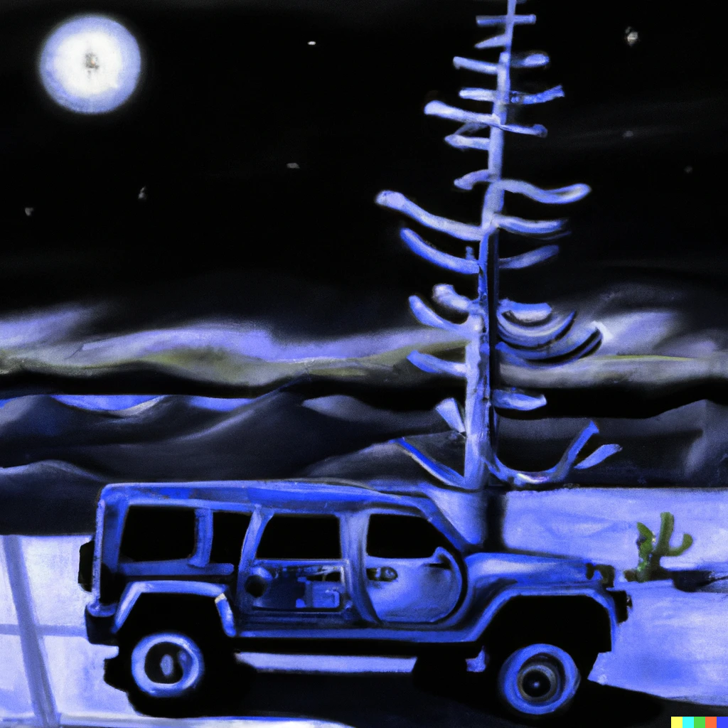 A stylized surrealist painting with a monochromatic palette of black, blue, and white, presents us with nighttime in the dessert. A 4X4 vehicle sits still in the foreground. Behind it is a tall, leafless tree about four times its height. Dead perhaps. To the right of that tree is a smaller object, green, like a stunted Christmas cactus. In the background are hills or sand dunes with what look like wisps of fog or mist above. The full moon shines brightly.