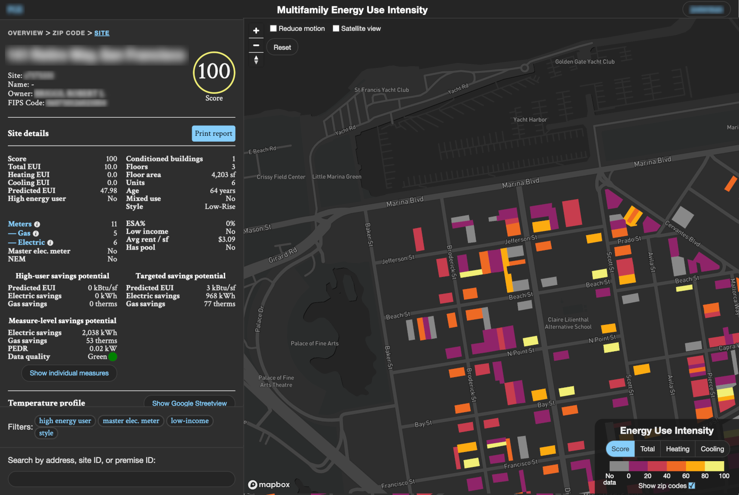 Data visualization on dark background with yellows, oranges, and purples signifying values. Left side is a data dashboard showing the energy use intensity metrics for a site in San Francisco. On the right is a map with color-coded buildings.