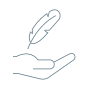 Icon showing an outline of a feather floating above an outline of a hand.