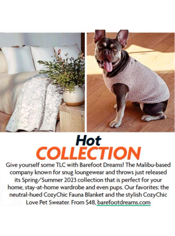 Snapshot from print issue of Star Magazine, featuring lifestyle image of Barefoot Dreams Fauna Blanket and Love Pet Sweater.