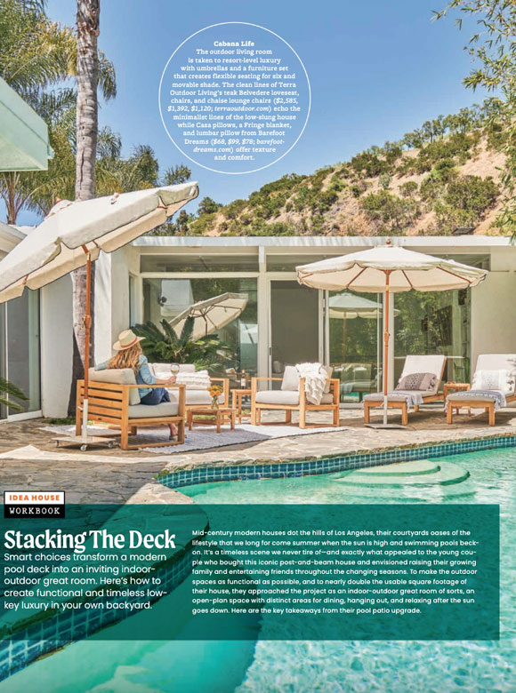 Page from July 2022 issue of Sunset Magazine, featuring Barefoot Dreams CozyChic pillows and throws surrounding an outdoor pool in Malibu.