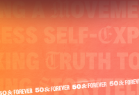 Orange gradient image with large text that says "50 & Forever" in white.