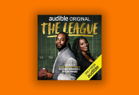 The cover art for "The League" is on a bright orange background. The cover shows podcast hosts Richard Sherman and Taylor Rooks standing back to back looking at the camera. The background behind them is a green football field. 