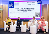 A photo of a panel from the London Book Fair, "Audio Boom: Expanding the Audio Category." The panel features Audible's Chief Content Officer, Rachel Ghiazza.