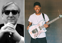 T Bone Burnett sits in a white shirt and black jacket with his hands steppled in front of him wearing black sunglasses. In a side-by-side photo, Tom Morello stands in a baseball cap and white t-shirt with the words "arm the homeless" written in red across a guitar that is strapped across his shoulders.