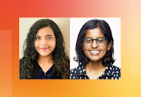 Set against a bright orange and yellow gradient background, two Audible employees are featured with some graphic linework on either side of their photos.
