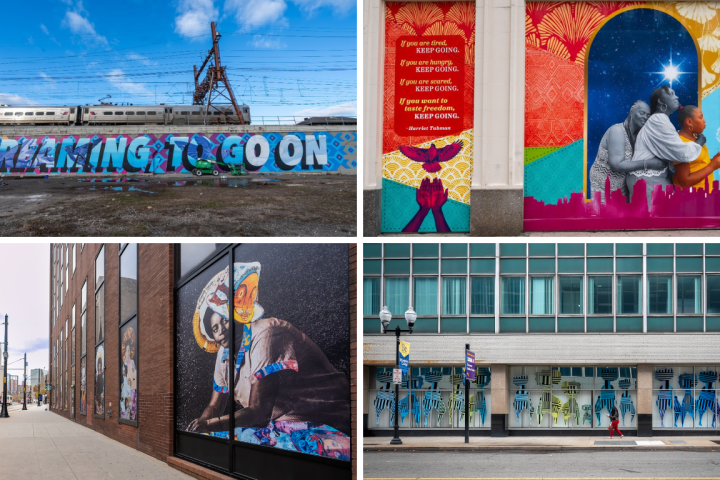collage of four colorful public artworks