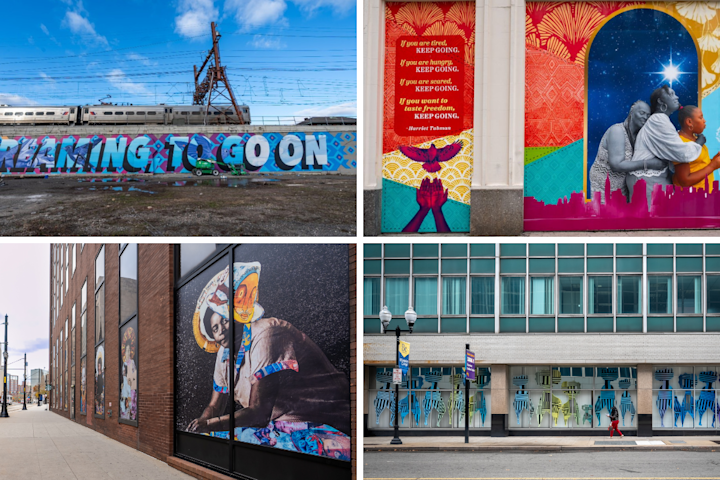 collage of four colorful public artworks