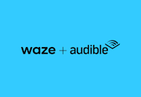 The two logos, Waze + Audible, are in black font against a sky blue background.
