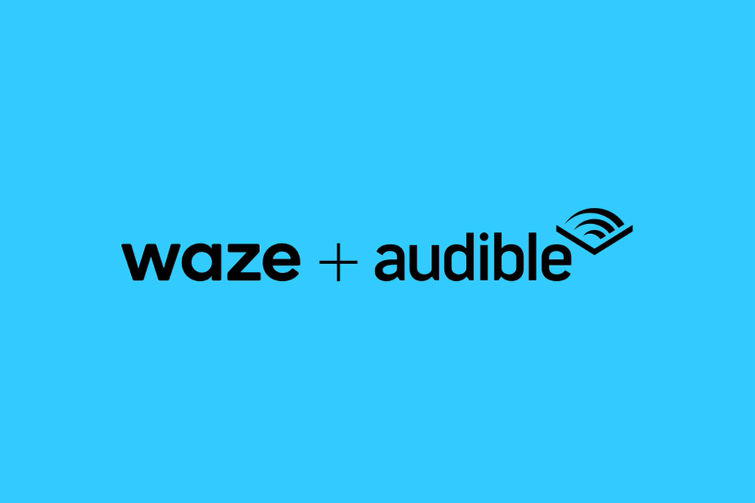 The two logos, Waze + Audible, are in black font against a sky blue background.
