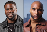 Kevin Hart is wearing a black leather jacket and black shirt. Charlamagne tha God is wearing a brown leather jacket and light brown turtle neck.