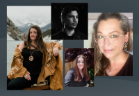 Four of the emerging writers in the Audible Indigenous Writers' Circle in Canada are shown against a slate gray background. It is a collage of four of their headshot images overlapping. 