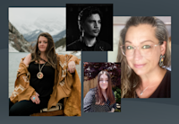 Four of the emerging writers in the Audible Indigenous Writers' Circle in Canada are shown against a slate gray background. It is a collage of four of their headshot images overlapping.