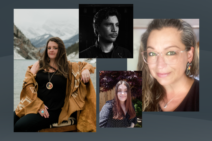 Four of the emerging writers in the Audible Indigenous Writers' Circle in Canada are shown against a slate gray background. It is a collage of four of their headshot images overlapping. 