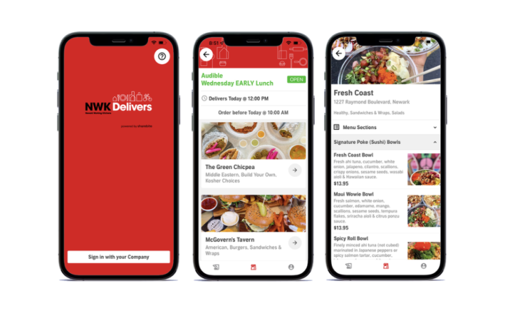 Three mobile phones display different stages of meal ordering in the NWK Delivers App.