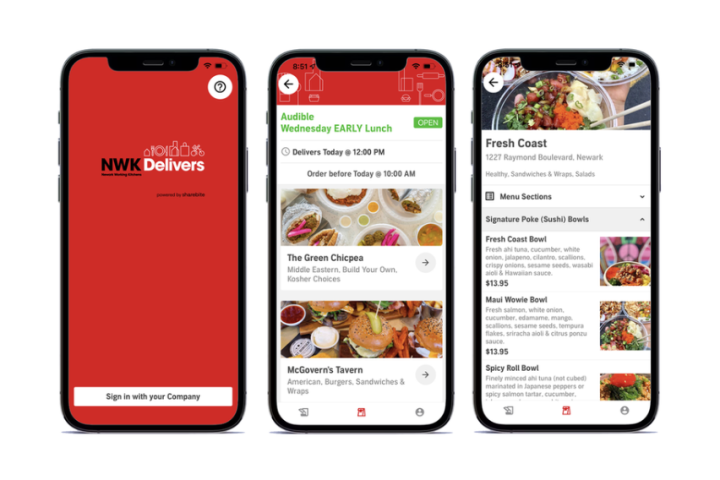 Three mobile phones display different stages of meal ordering in the NWK Delivers App.