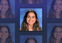 Smiling straight at the camera with a blue background, Sheirleyn Maneiro's High School graduation photo appears stacked seven times, with the image in the middle in focus.