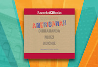 The cover art for Americanah that features the word Americanah in blue and red lettering on what appears to be a cardboard background. Chimamanda Ngozi Adichie's name is placed right underneath the title in light grey lettering.