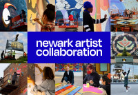 A collage of artists and artists at work surround a blue rectangle with the words Newark Artist Collaboration.