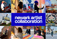 A collage of artists and artists at work surround a blue rectangle with the words Newark Artist Collaboration.