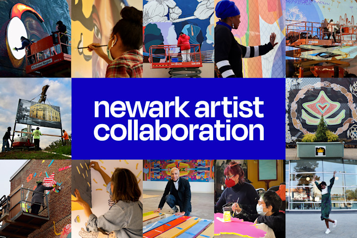 A collage of artists and artists at work surround a blue rectangle with the words Newark Artist Collaboration.