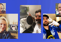 Several photos appear in a collage against a blue background. The photos are of several of the comedians featured in the Audible Original show "Locked Together". They appear with headphones on or in front of a laptop or with a phone or microphone. In three of the photos they're seen talking with their comedy partner via a video call. In the other two photos they're looking straight to camera.