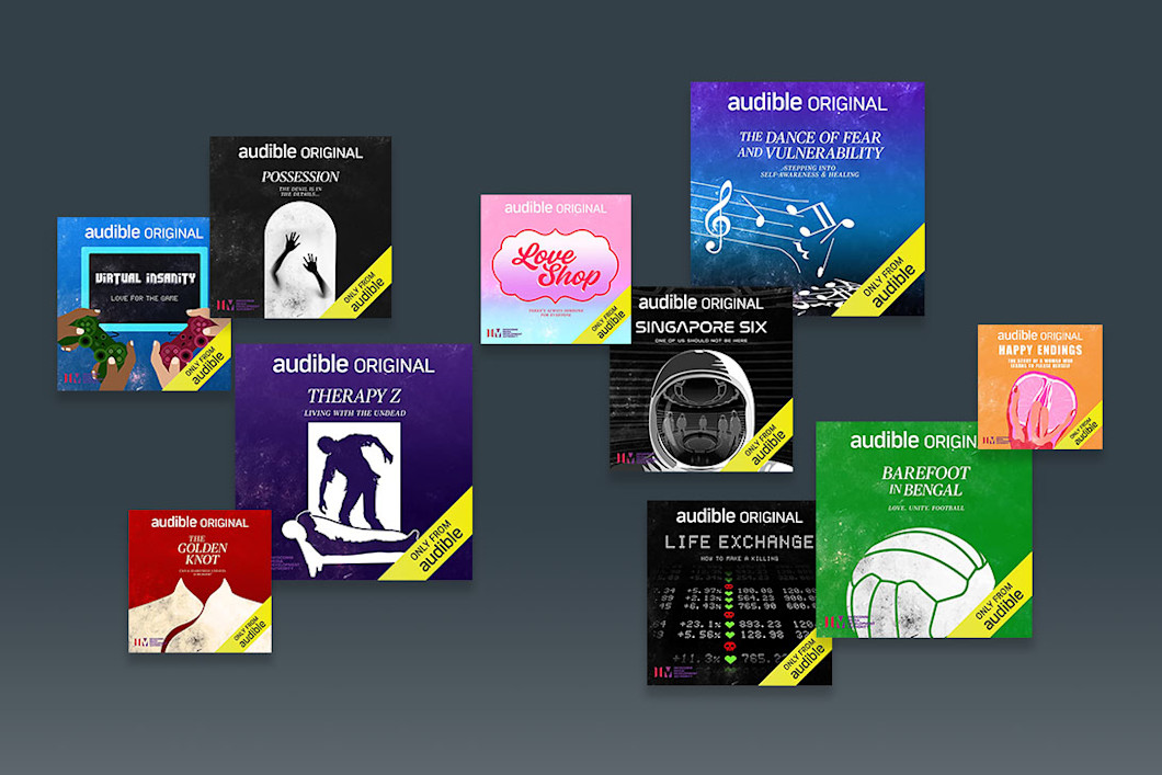 The book covers to the ten finalists of the first cohort for the Audible Accelerator Singapore are set on a slate gray background.
