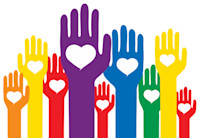 Against a white background, several illustrated hands are raised in the air. They are each different colors--purple, blue, yellow, etc--with a heart in the middle of the palm.