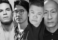 Headshots in black and white; from right to left: Jason Gotay, Yilong Liu, Chay Yew and Francis Jue.