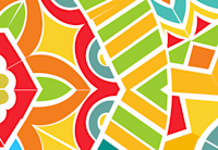 A kaleidoscope of colors appears in red, teal, mustard yellow, and lime green in changing geometric patterns of swoops, half circles, bars and triangles.