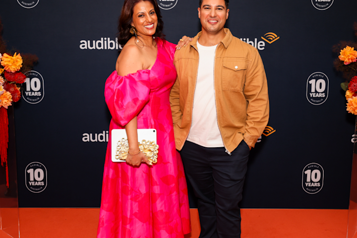 A photo of Karen Appathurai-Wiggins, Head of Regional Content for Audible, APAC, and Marc Fennel, award-winning creator, at the anniversary celebration.