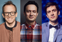 Headshots of Chris Gethard, Michael Cruz Kayne and Josh Sharp are side-by-side. Gethard is wearing a distressed orange jacket and black brimmed glasses. Cruz Kayne is wearing a red and blue plaid collared shirt. Sharp is wearing a blue suit with a black bow tie.