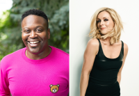 On left, Tituss Burgess is smiling and wearing a hot pink shirt, in front of greenery. On right, Jane Krakowski is smirking with wind-blown hair and a black tank top.