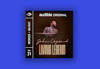 The cover art for John Legend's Audible Original "Living Legend" is on a bright blue background. The Cover has a photograph of John Legend playing piano.