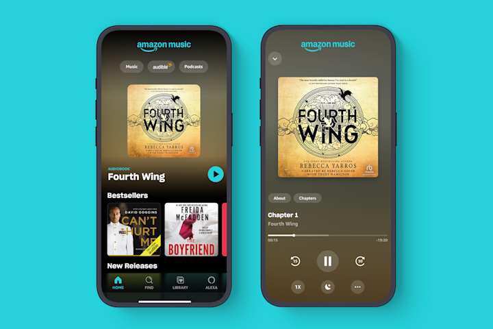 A graphic of two phones side-by-side demonstrating how to listen to Audible titles in the Amazon Music app.