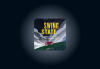 The cover art for "Swing State," which includes a red-roofed house on a green hill under a large, cloudy sky. The words "Swing State" appear in large, yellow letters across the top of the image. 