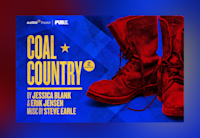 Set on a gradient red-to-blue background is the artwork for Coal Country with a pair of distressed work boots on the side.
