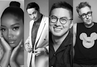 Four black and white images of celebrities, Keke Palmer, Pete Davidson, Bowen Yang and Alan Cumming, are situated side by side. Keke has her hands framing her face; Pete is peeking up to the camera as he button his suit jacket; Bowen smiles brightly with dark-rimmed glasses; and Alan pierces straight at the camera wearing dark-rimmed glasses and an image of Mickey Mouse on his black shirt.