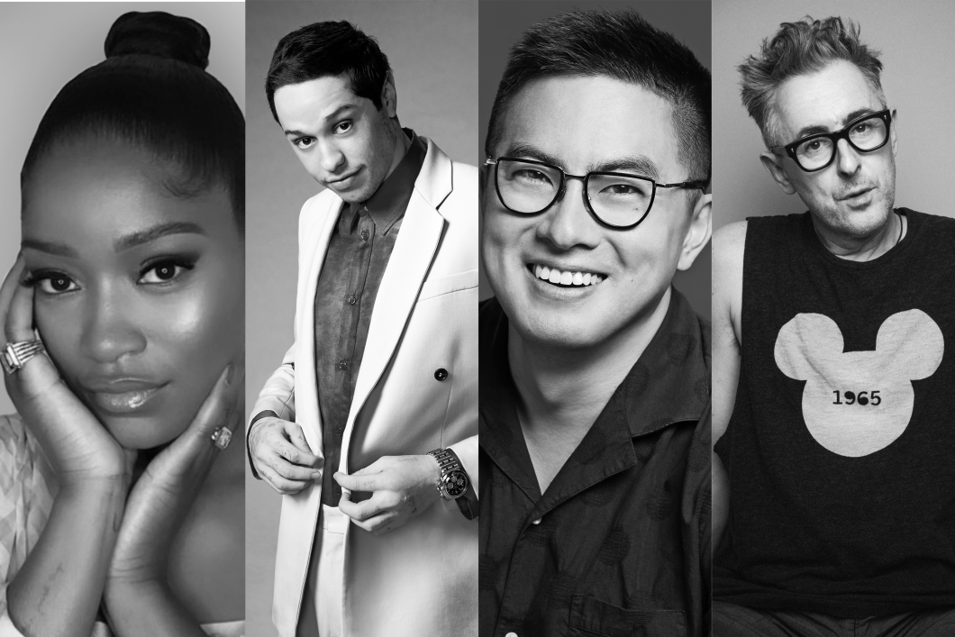 Four black and white images of celebrities, Keke Palmer, Pete Davidson, Bowen Yang and Alan Cumming, are situated side by side. Keke has her hands framing her face; Pete is peeking up to the camera as he button his suit jacket; Bowen smiles brightly with dark-rimmed glasses; and Alan pierces straight at the camera wearing dark-rimmed glasses and an image of Mickey Mouse on his black shirt.