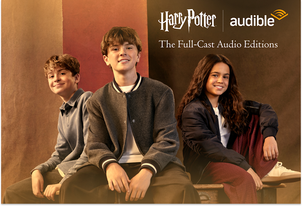A photo of Frankie Treadaway, Max Lester, and Arabella Stanton, the voices of Harry Potter, Ron Weasley, and Hermione Granger in the first three audiobooks of ““Harry Potter: The Full-Cast Audio Editions.”