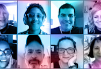 A video call grid shows the faces of eight Audible employees who attended the annual Pride happy hour.  They are smiling and happy. There is a blue and purple fade over the image.