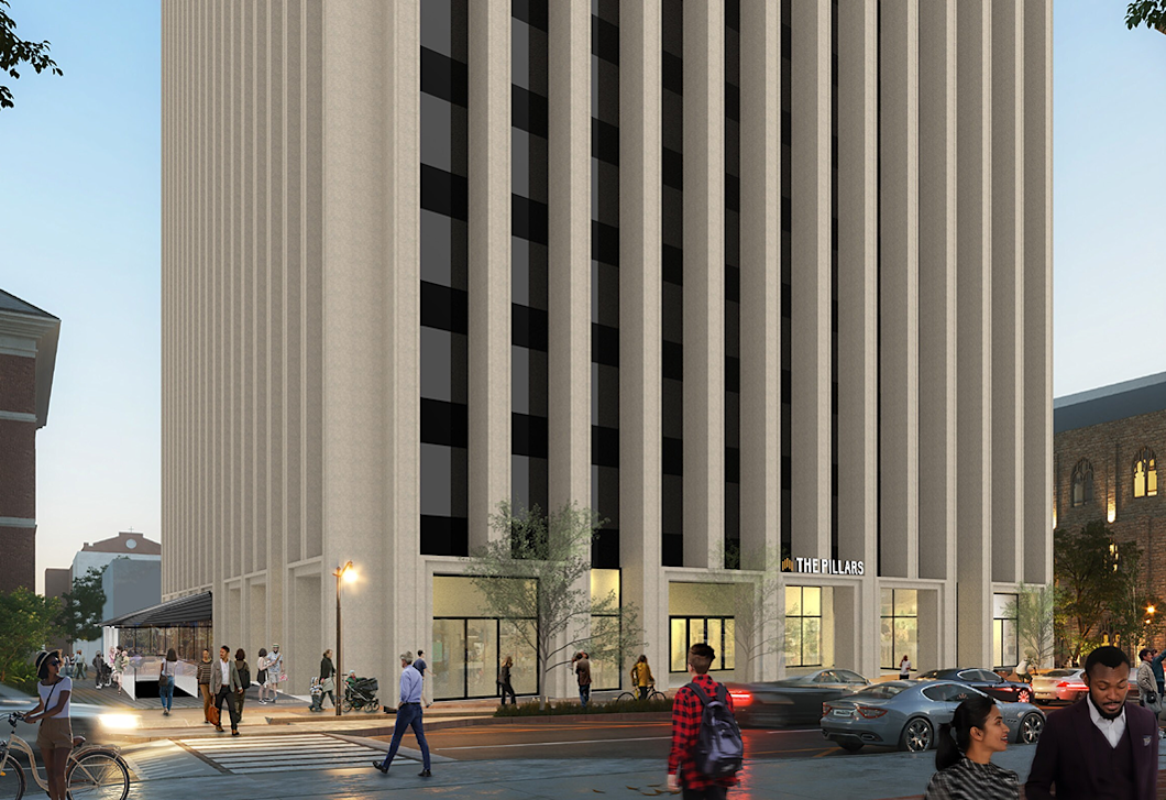 A rendering of 33 Washington Street with The Pillars visible as its ground floor and facade.
