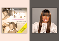 Two images side by side showcase the cover for "Force of Beauty" that features a vintage photo of young Mikki Taylor and her mother in formal dresses. Next to the cover art is a recent headshot of the author, Mikki Taylor, with long brown hair and short bangs.