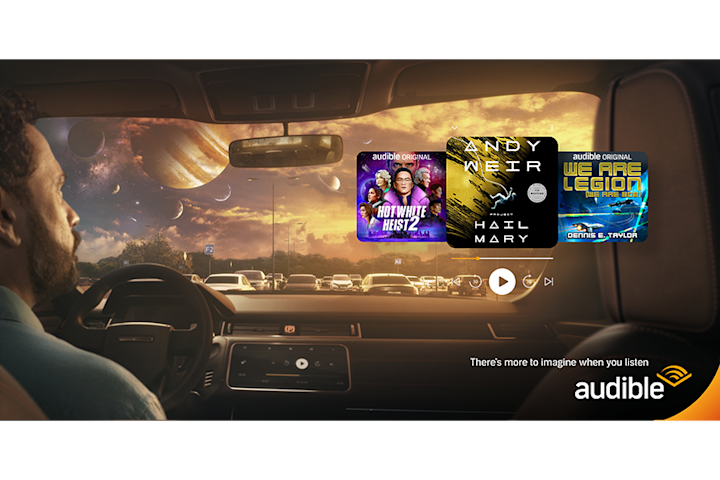 a view from inside a car of a road with cars, a galactic sky, and sci-fi book covers