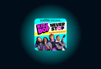 Audible Original book cover for KIDZ BOP Never Stop: Tour Bus Adventures features a group of kids holding musical instruments. 