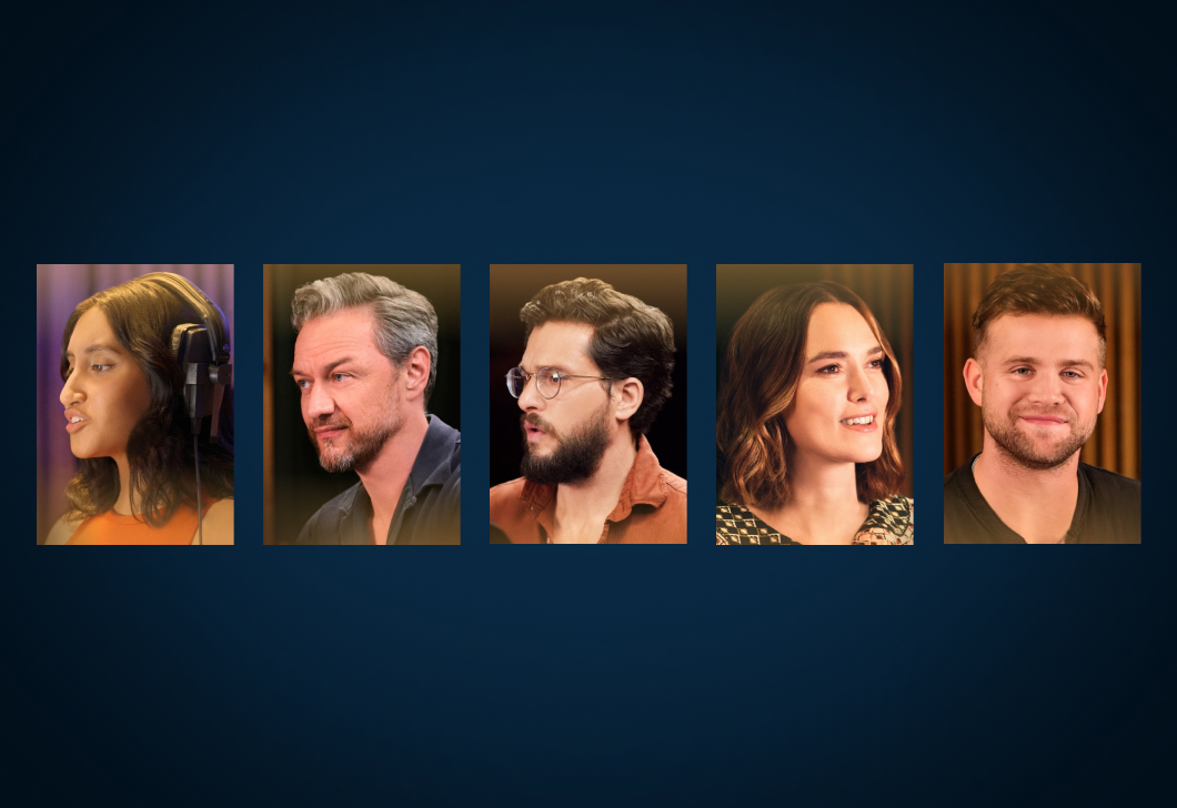 Headshots of Ambika Mod, James McAvoy, Kit Harington, Keira Knightley, and Leo Woodall on a dark background.