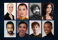 Headshots of Kathleen Chalfant, Midori Francis, John Gallagher Jr., Pooya Mohseni, Kal Penn, Conrad Ricamora, Ethan Slater, and Samira Wiley on a dark background.