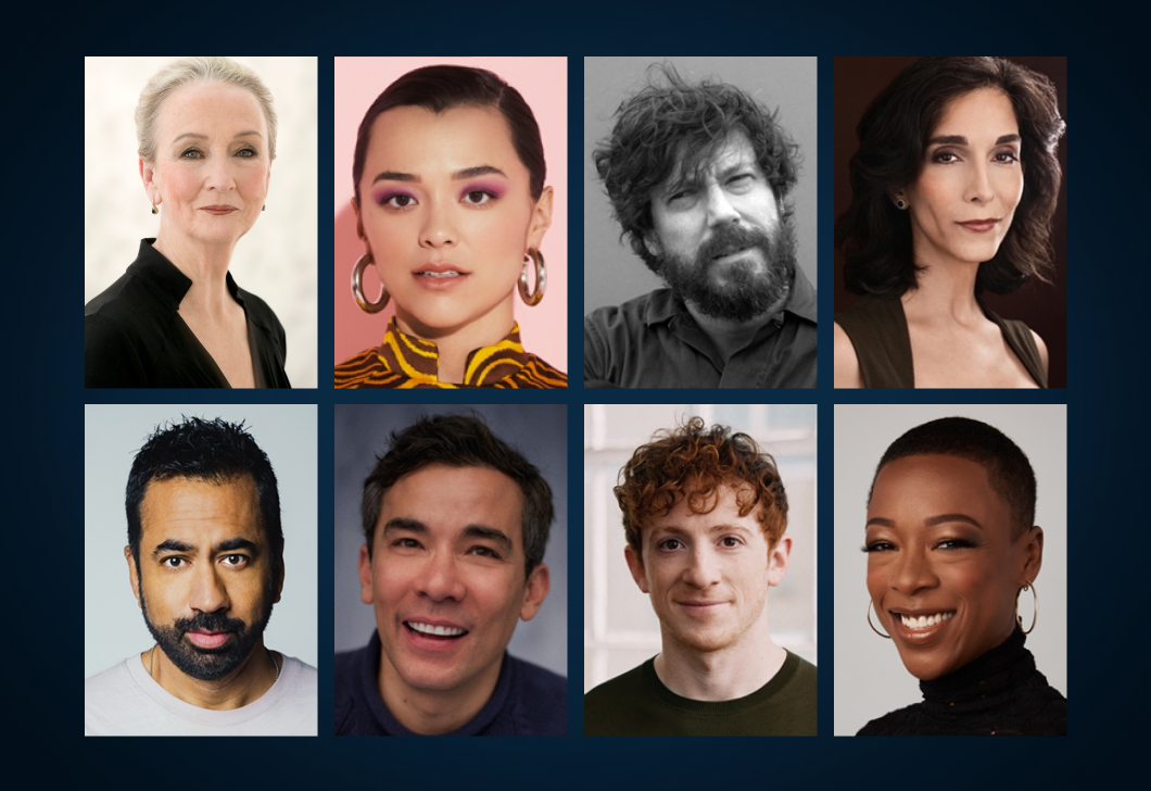 Headshots of Kathleen Chalfant, Midori Francis, John Gallagher Jr., Pooya Mohseni, Kal Penn, Conrad Ricamora, Ethan Slater, and Samira Wiley on a dark background.